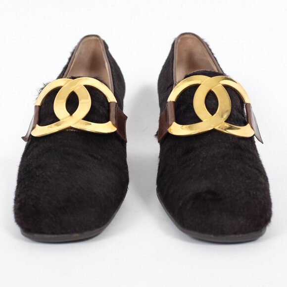 CHANEL shoes 39 US 9 pony hair XL huge CC logo buckle low 2" heel Vintage 1995 - Picture 9 of 11